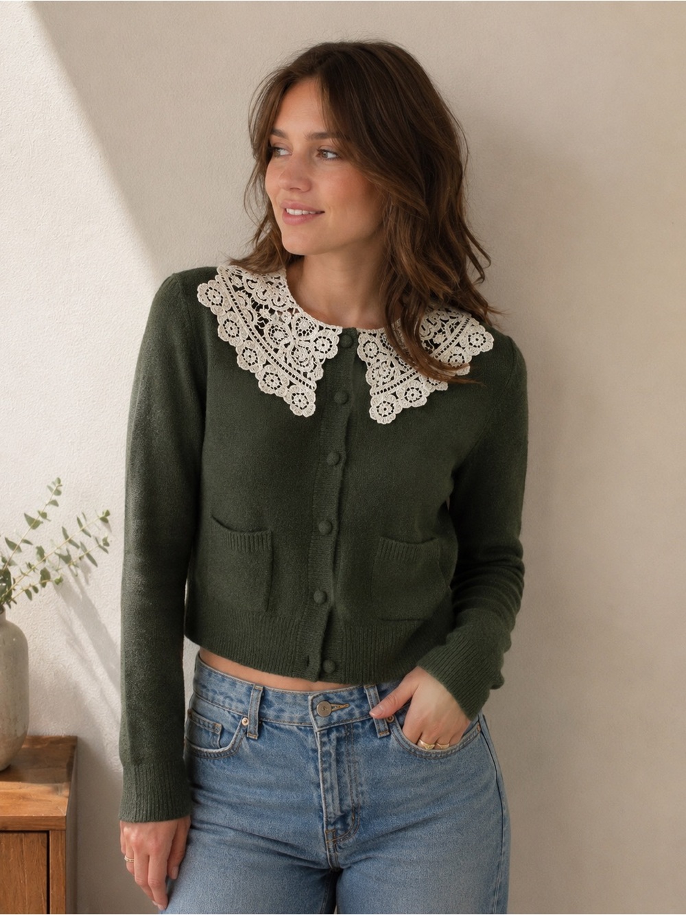 Olive Green Button Cardigan with Crochet Collar